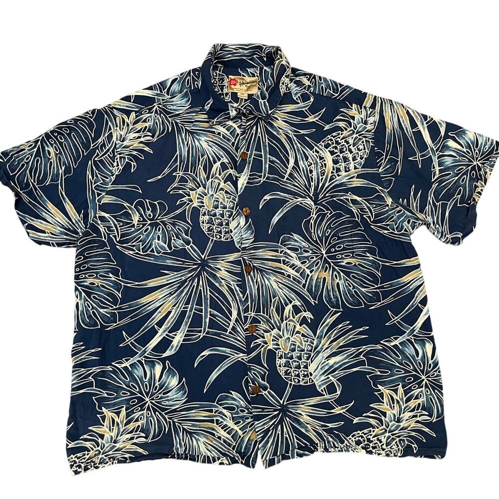 Hilo‎ Hattie Hawaiian Original Shirt 2XL Blue Pineapple Monstera Made in Hawaii